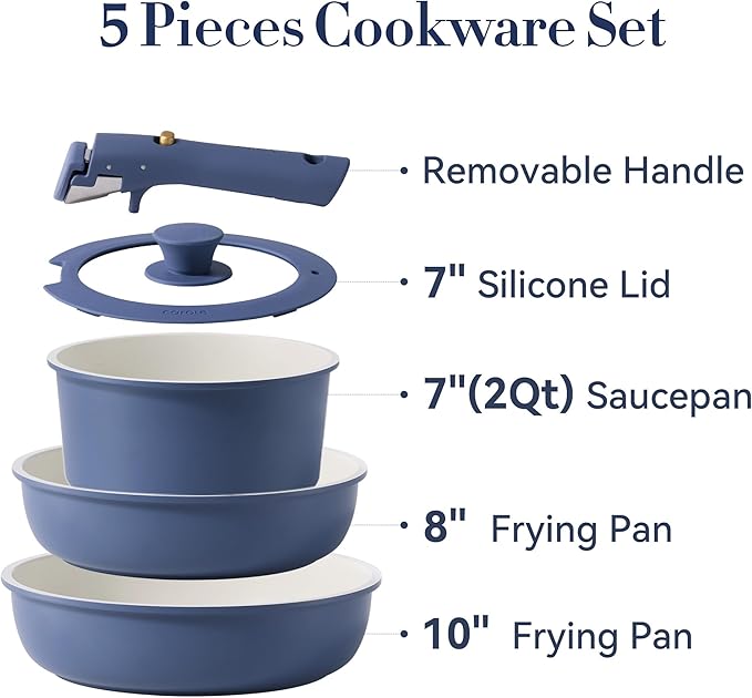 CAROTE 5pcs Pots and Pans Set Non stick,Cookware Set Detachable Handle,kitchen essentials,RV kitchen pot and pan,Induction Cookware,Oven Safe,PFOA PFOS FREE,Blue