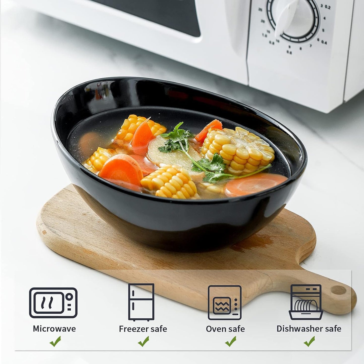 Hasense 40oz Salad Bowls, Large Serving Bowls, Porcelain Soup Bowls for Kitchen, Porcelain Ceral Bowls for Entertaining Parties, Dishwasher Microwave Safe, Set of 4, Black