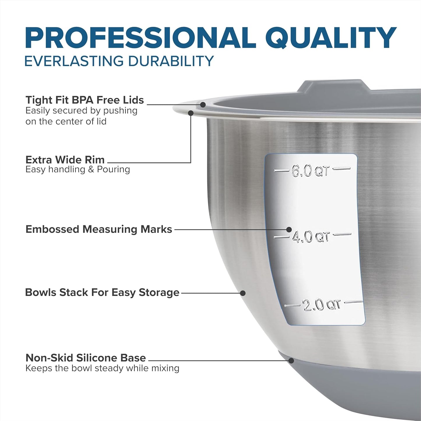 Viking Mixing Bowls Set, 10 Piece Stainless Steel Kitchen Cookware, Non-Slip Silicone Base, Includes Tight Fit Lids, Dishwasher Safe, Grey