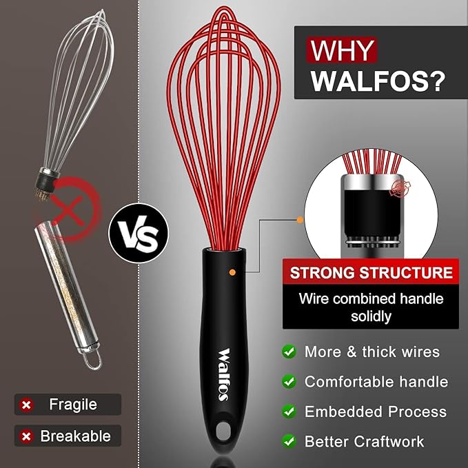 Walfos Whisk,Whisks for Cooking Non Scratch.Silicone Whisk Set of 4 Kitchen Wisk-11in Flat wisk and 7+9+11in Balloon Whisk.Nice for Mixing,Whisking and Stirring.Dishwasher Safe.(4pcs-Colorful)