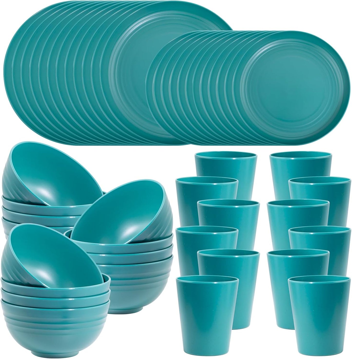 LIYH 48 Pcs Green Wheat Straw Plates and Bowls set - Plastic Dinnerware Set - Dishwasher Safe Camping Plates Dishes Set for 12, Unbreakable Wheat Straw Plate Bowls Reusable 12 Guests
