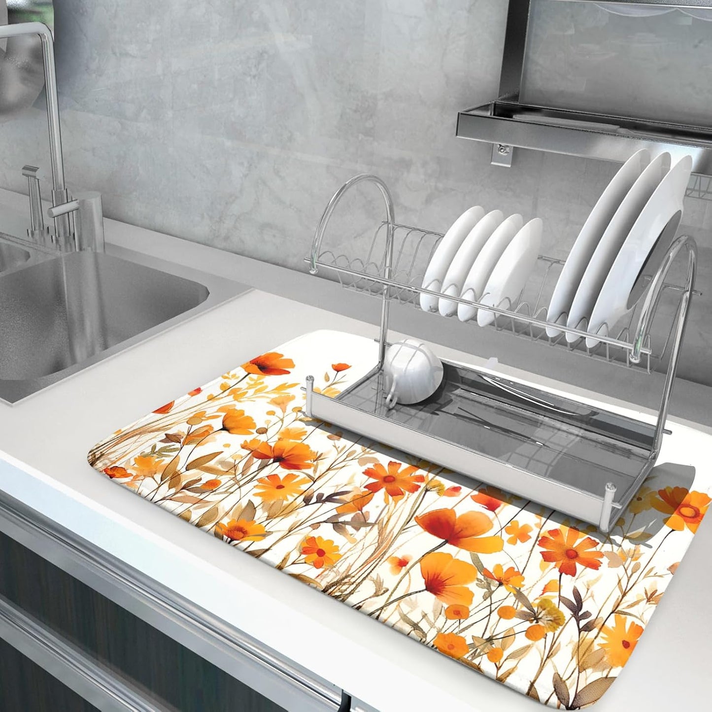 Fall Floral Dish Drying Mat for Kitchen Counter Autumn Orange Wildflowers Reversible Microfiber Absorbent Drying Pad Mats for Countertops Sinks Draining Racks,Harvest Thanksgiving Decor,18 X 24 Inches