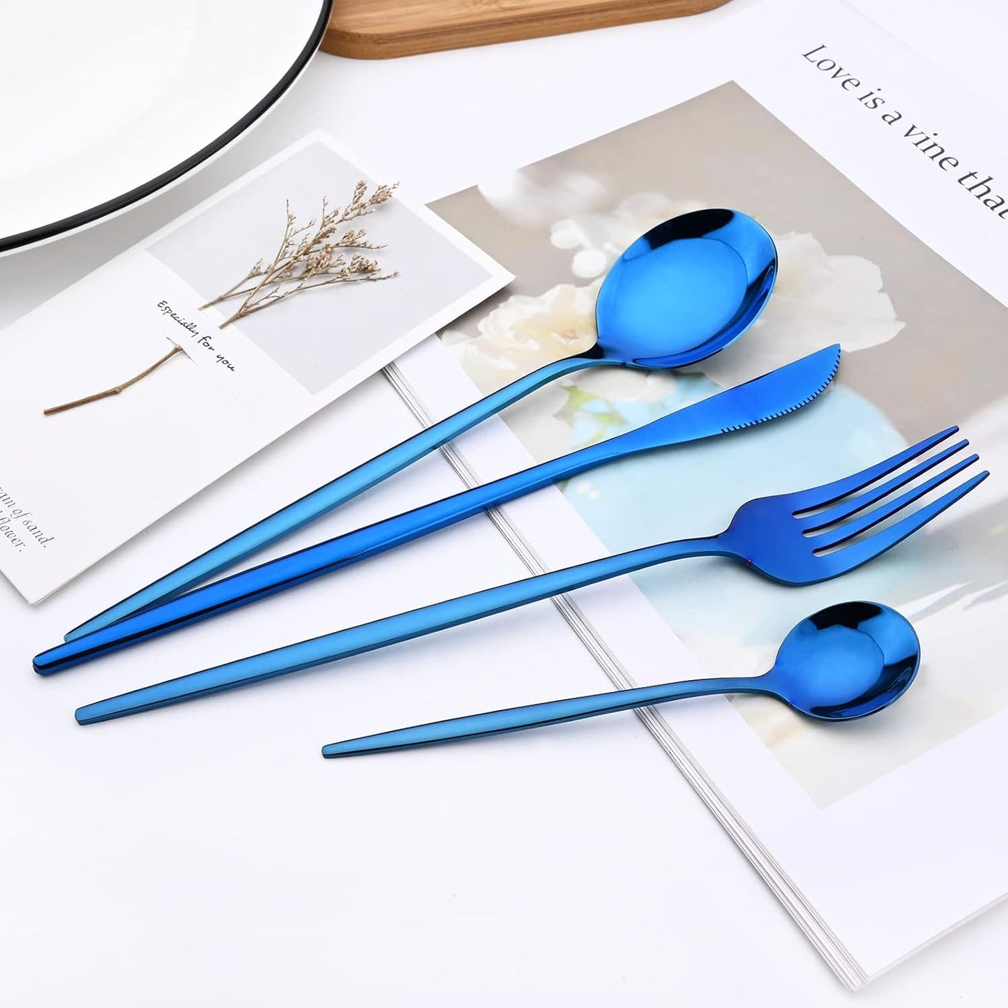 24-Piece Mirror Blue Polished Flatware, 18/0 Stainless Steel Dinnerware Set Include Knife Fork Spoon Teaspoon Cutlery Set For Home Restaurant and Party Service For 6, Dishwasher Safe