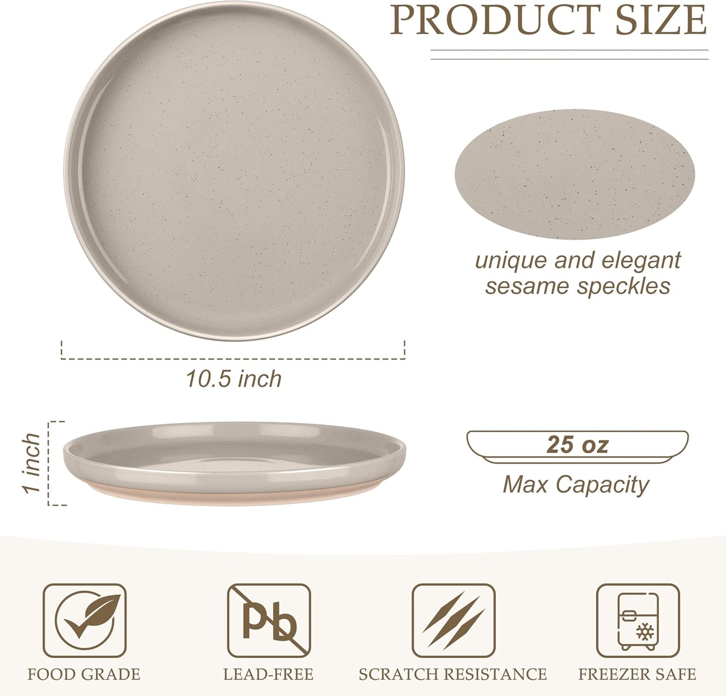 LIANYU 6Pcs Dinner Plates Set, 10.5 Inch Stoneware Kitchen Plates, Large and Round Ceramic Serving Dishes Set for Salad, Steak, Pasta, Stackable, Oven, Microwave & Dishwasher Safe, Milky Brown