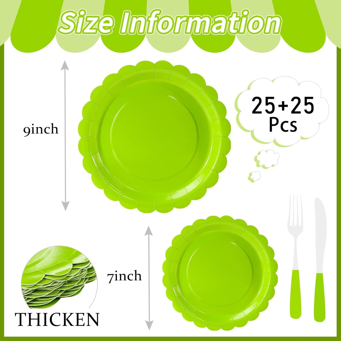 50 Pcs Lime Green Scalloped Paper Plates 25 × 7'' and 25 × 9'' Disposable Lime Green Scalloped Dinner Plates for Wedding Baby Shower Birthday Party Disposable Dessert Plate