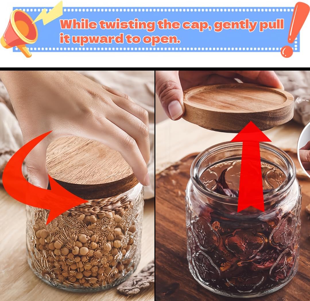 ANSQU 4 Pack Vintage Glass Storage Jar, 16.9 FL OZ Glass Canister Storage Jar Container with Airtight Wooden Lid for Kitchen Counter, Pantry, Coffee, Tea, Sugar, Cookie Jars (Begonia&Sunflower)
