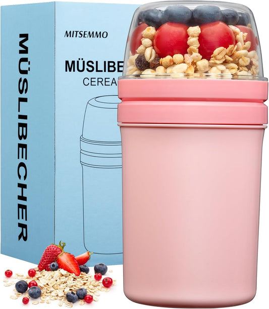 Snack Cup Reusable Snack Container with Lid,Yogurt Parfait Cups and Spoons,600ml+270ml Breakfast On The Go,Portable Cereal To Go Travel Cereal Bowl and Milk Container(Pink)