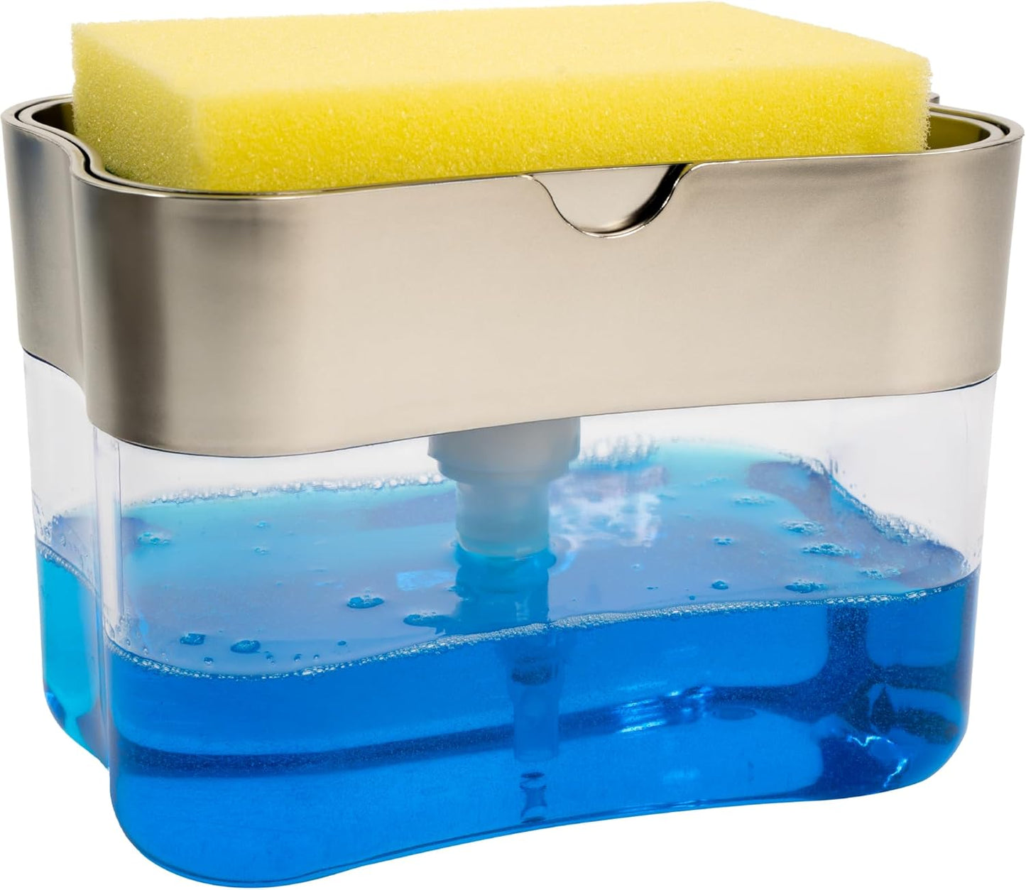 S&T INC. Dish Soap Dispenser and Sponge Holder for Kitchen Sink, Sponge Included, 13 Ounces, Metallic Silver