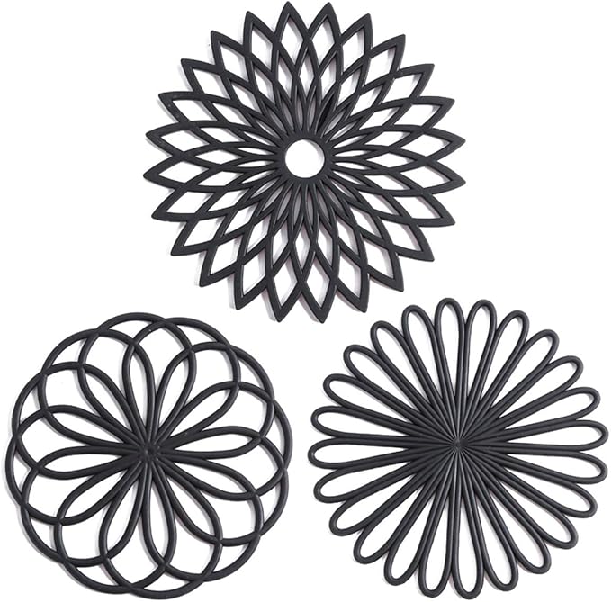Set of 3 Silicone Trivet Mat - Hot Pot Holder Hot Pads for Table & Countertop - Trivet for Hot Dishes - Non-Slip & Heat Resistant Modern Kitchen Hot Pads for Pots & Pans, Black