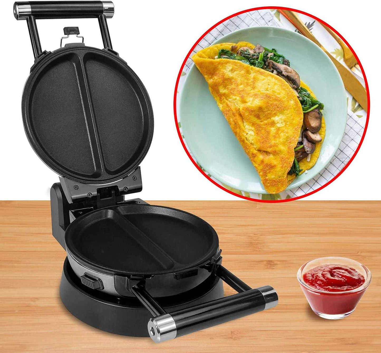 360 Rotating Belgian Multifunction Nonstick Baking Waffle Maker with 2 sets of Interchangeable Belgian Waffle and Omelet Baking plates