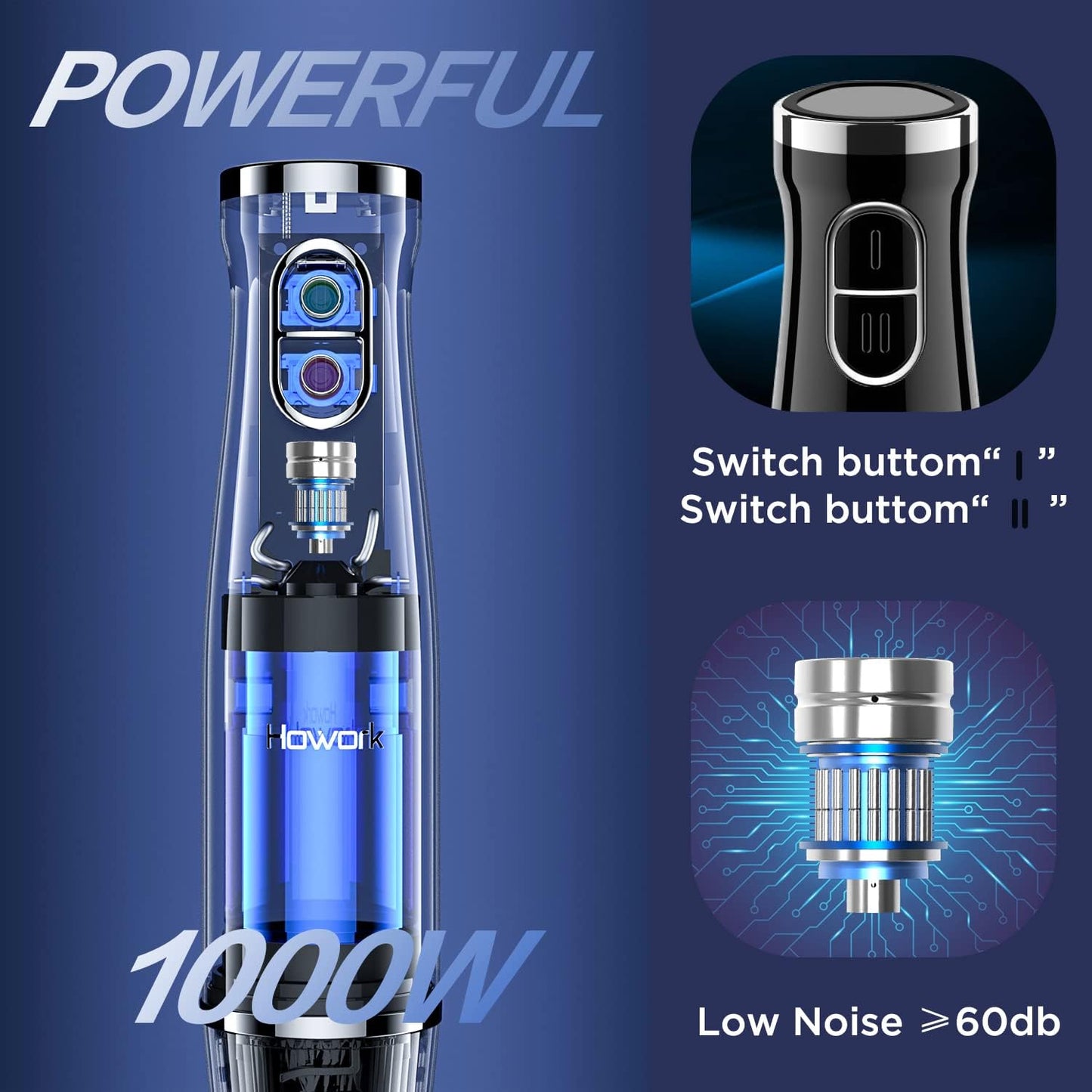 Howork 450W Immersion Hand Blender, 4-in-1 Multifunctional 2 Speed Stainless Steel Handheld Stick Blender, Titanium Cross Blade, 600ml Mixing Beaker and 500ml Food Processor, Dishwasher Safe, Black