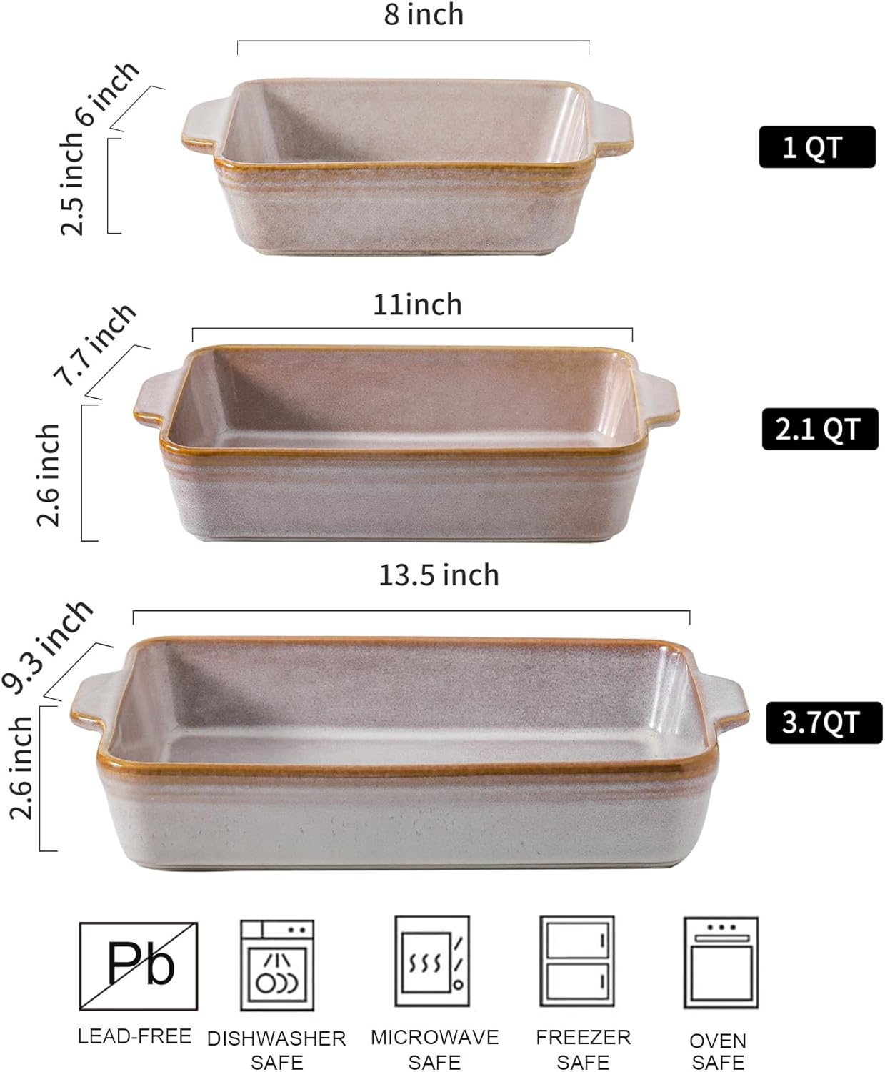 HVH 9x13 Baking Dish Set, Large Casserole Dishes for Oven, Ceramic Bakeware Set of 3, Rectangular Lasagne Pan Deep for Baking (Sand Color)