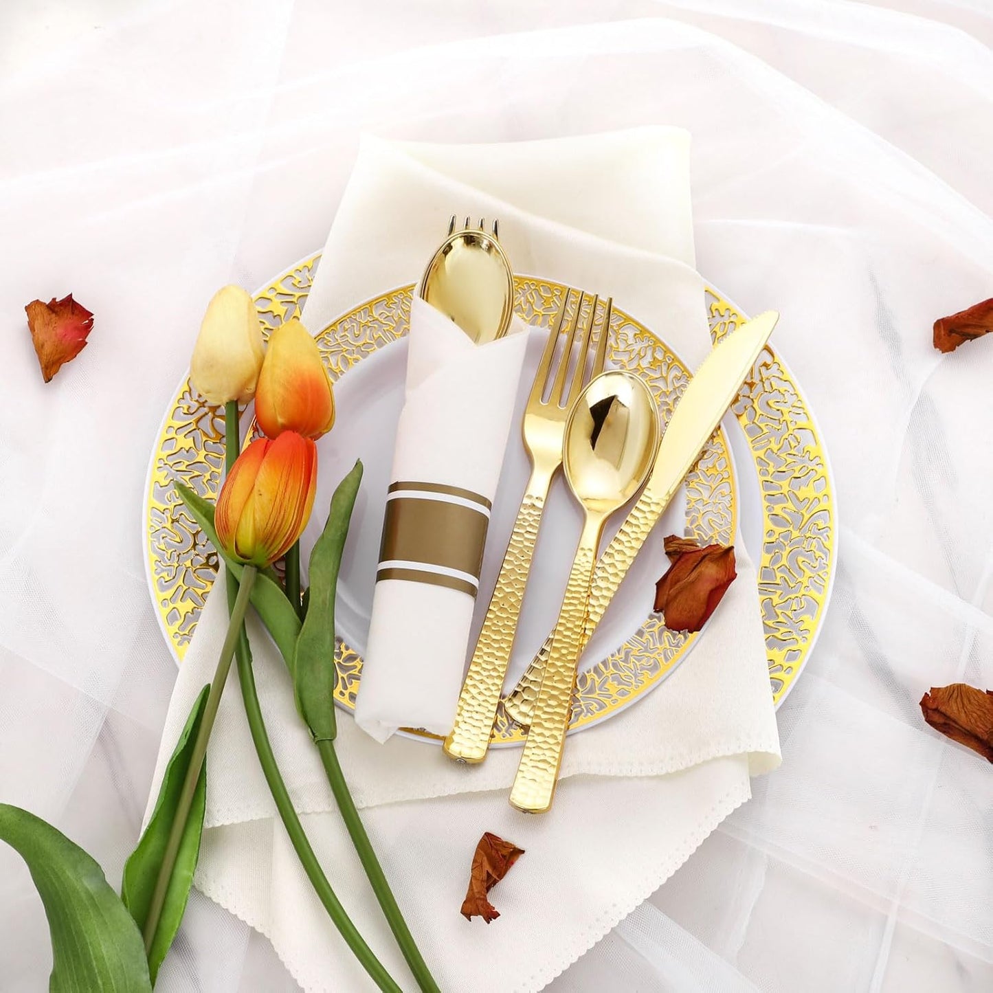 Supernal Set of 60 Wrapped Plastic Silverware Gold Pre Rolled Silverware Set Disposable,Plastic Cutlery for Parties,Disposable Cutlery Heavy Duty with Linen Napkins For Weddings Birhday