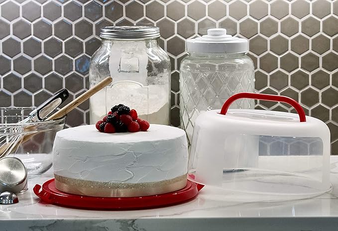 Top Shelf Elements Round Cake Carrier For Up To 10 Inch Cake Portable Cake Stands Two Sided Cake Box With Handle Fashionable Base Doubles as Five Section Serving Tray Container Holds Pies(Scarlet)