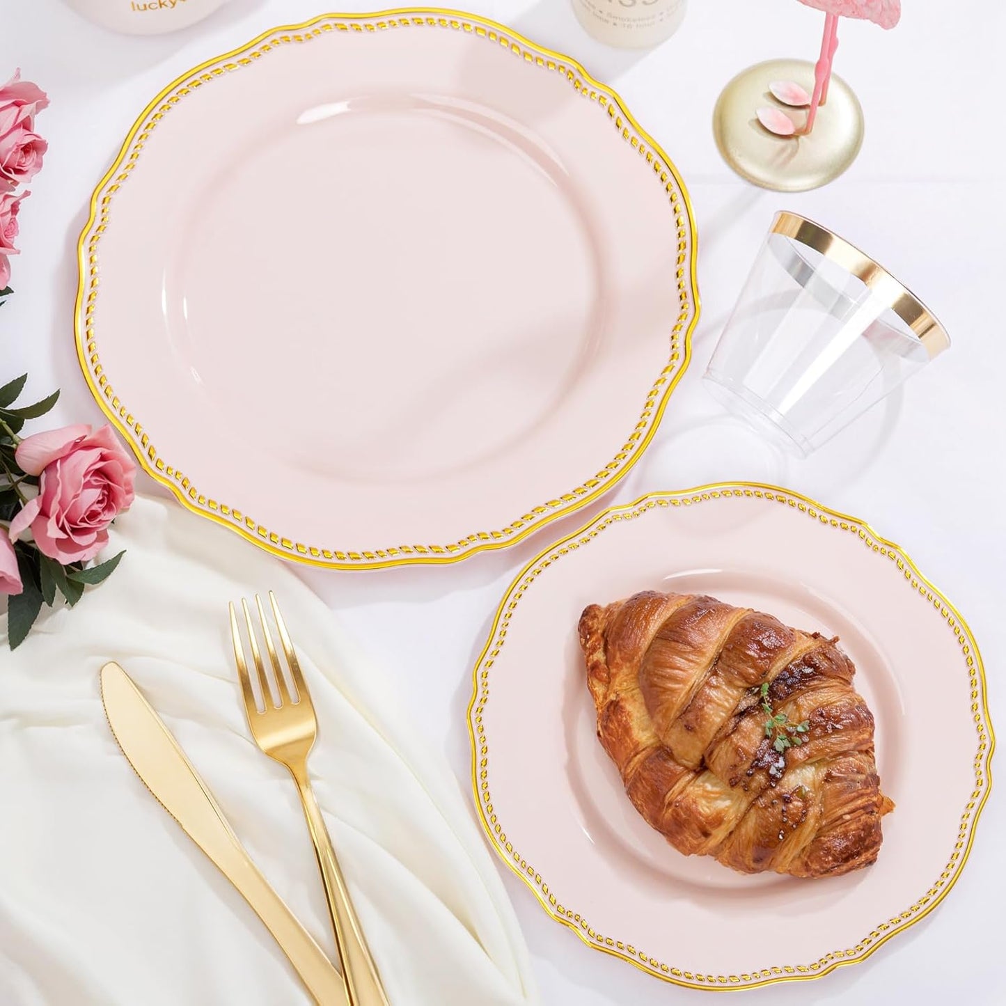 Hioasis 350pcs Pink and gold Plastic Plates - Pink Plastic Dinnerware Set Includes 50 Dinner Plates, 50 Dessert Dinnerware, 50 Cups, 50 Rolled Napkin Cutlery Perfect for Wedding & Party