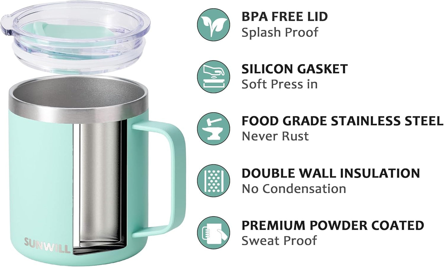 SUNWILL Travel Coffee Mug with Lid, Insulated Tumbler with Handle, 14 oz Stainless Steel Cup Set for Camping, Outdoor, Powder Coated Sakura & Mint 2 Pack