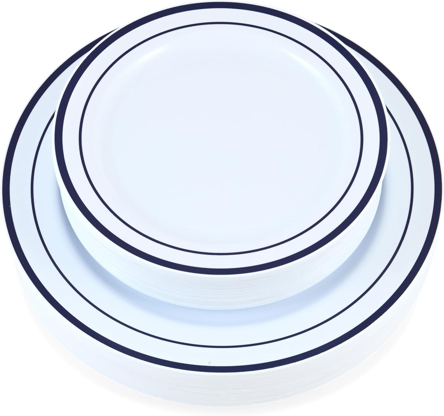 60 Pieces White Plastic Disposable Plates - Premium Heavy-Duty 30 Dinner Plates & 30 Salad Plates with Navy Rim Ideal for Party, Birthday and Special Events