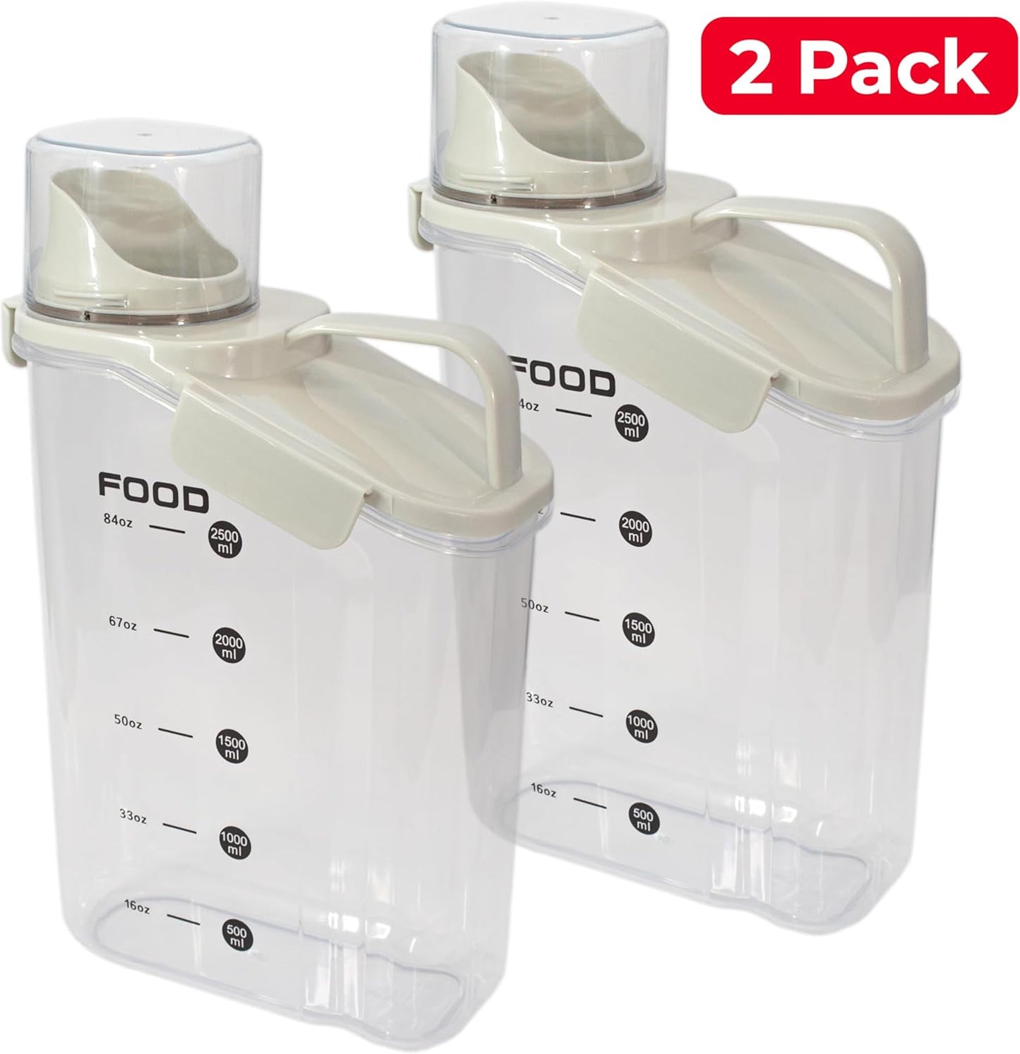 Two Pack Food & Cereal Storage Container - 2.6L Airtight Plastic Kitchen Organizer Bin with Pouring Spout, Measuring Cup Lid, Ideal for Dry Food, Rice, Sugar, Pet Food dispenser - BPA free