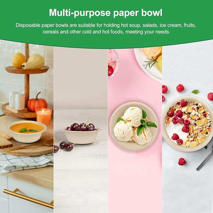 10 oz Paper Bowls Disposable, 300 Pack Small Paper Bowls Bulk, Heavy Duty Biodegradable Compostable Bowl Made Of Sugarcane, Microwave Safe, Eco-Friendly