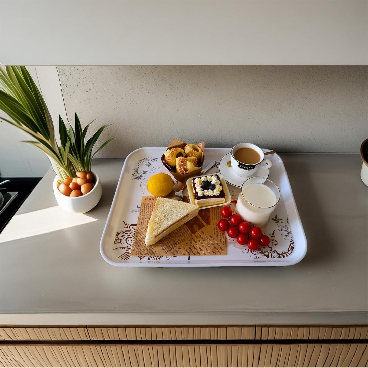 Large Serving Platter Melamine Trays 2 Pack Stackable Food Tray with Floral Print for Gift, Party, Decor, Home, Restaurant (Gold Rose, Large)