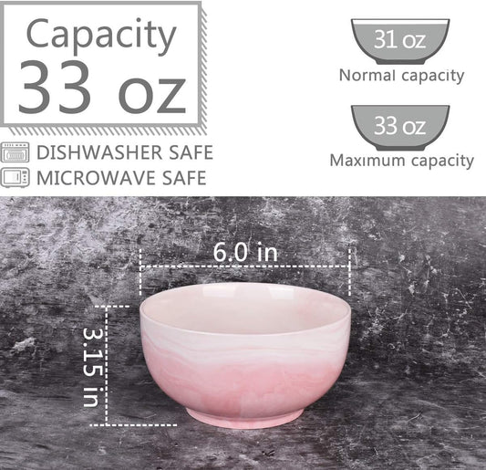 Bosmarlin Marbling Ceramic Soup Bowl Set of 4, 33 Oz, Dishwasher and Microwave Safe (33 Oz, A-Pink Marbling)