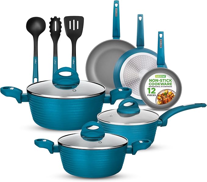 NutriChef Professional 12-Piece Nonstick Cookware - PFOA/PFOS-Free, Heat Resistant Lacquer, Elegant Design, Multi-Sized Pots and Pans, Teal/Gray/Green