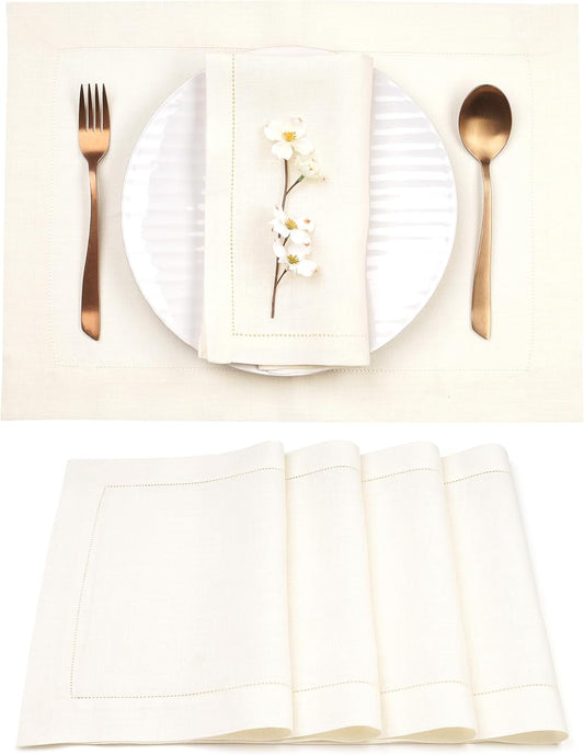 D'Moksha Homes Linen Placemats Set of 4 - Classic Hemstitch Ivory Placemats 14 x 19 Inch - 100% Pure Linen Table Mats for Fall, Autumn and Halloween - Handcrafted and Machine Washable