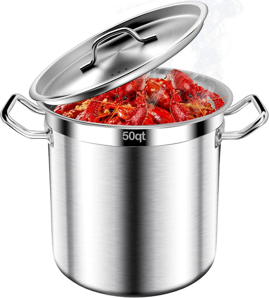 Stainless Steel Stock Pot,50 QT Large Stock Pot with Lid, Heavy Duty Tri-Ply Bottom Commercial Grade Stock Pots & Stockpots for Boiling Cooking Soup Stew Canning Cookware Sauce Cooking Pots