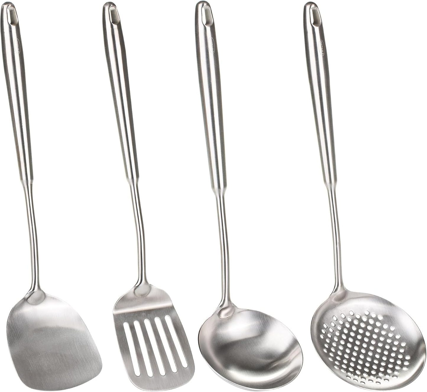 FJNATINH 4-Pieces 304 Stainless Steel Wok Spatula Set,Cooking Utensil Set,Soup Ladle Colander,Nonstick Kitchen Cooking Utensils Set with Spatula,Kitchenware Tools