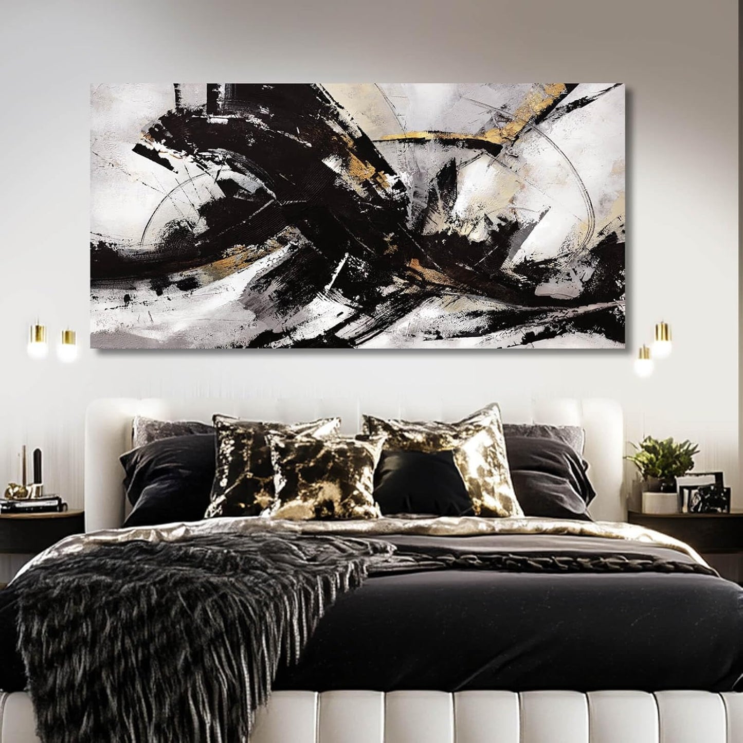 Abstract Wall Art for Living Room Canvas Wall Decor Large Artwork Black And Gold Wall Decorations Black Pictures for Wall 29"x58"