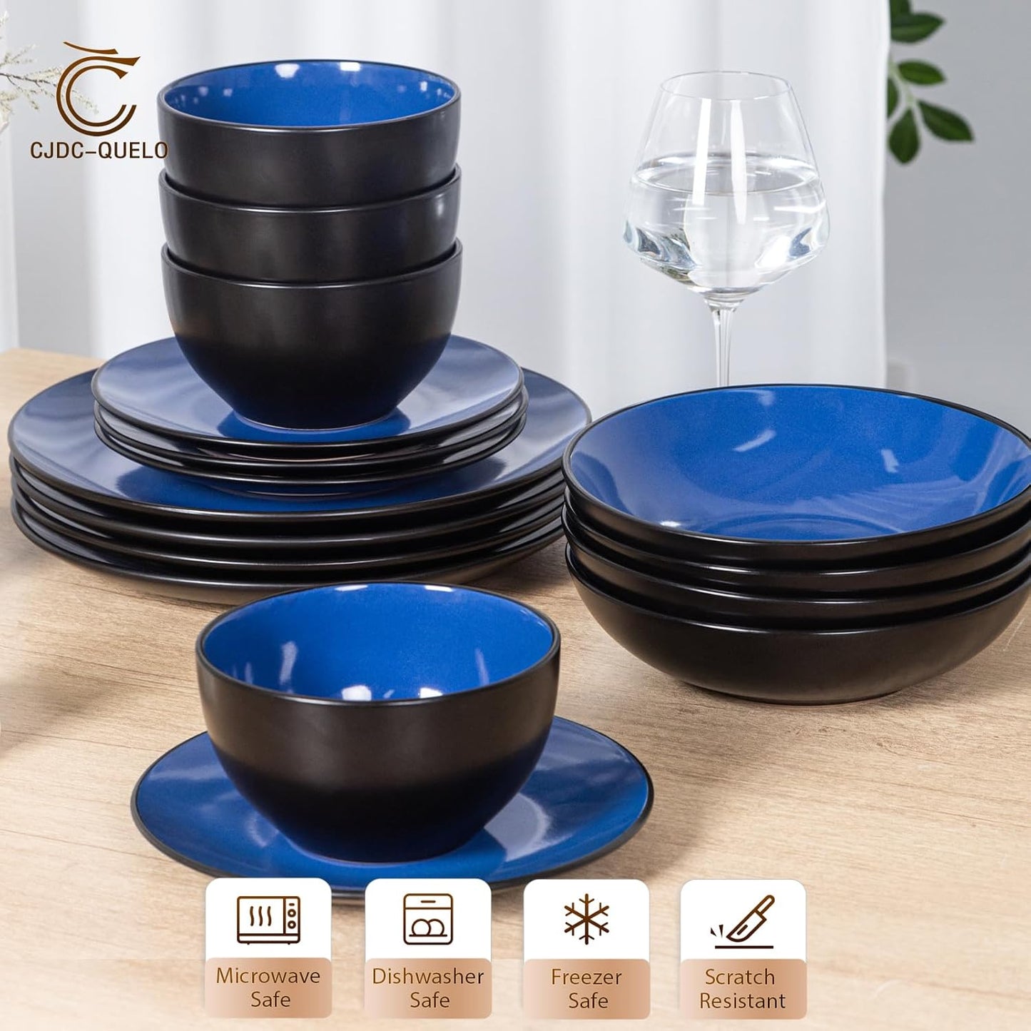 Plates and Bowls Sets for 4 - CJDC-QUELO 16-Piece Stoneware Dinnerware Sets, Ceramic Dishware Set for Indoor Kitchen Use and Formal Dining, Chip and Scratch Resistant Microwave Dishwasher Safe, Blue