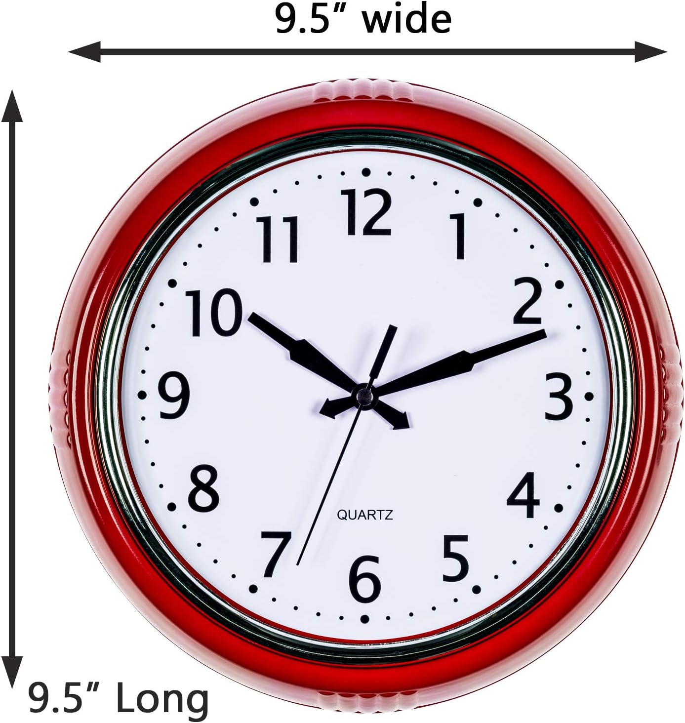 Bernhard Products Retro Wall Clock 9.5 Inch Red Kitchen 50's Vintage Design Round Silent Non Ticking Battery Operated Quality Quartz Clock