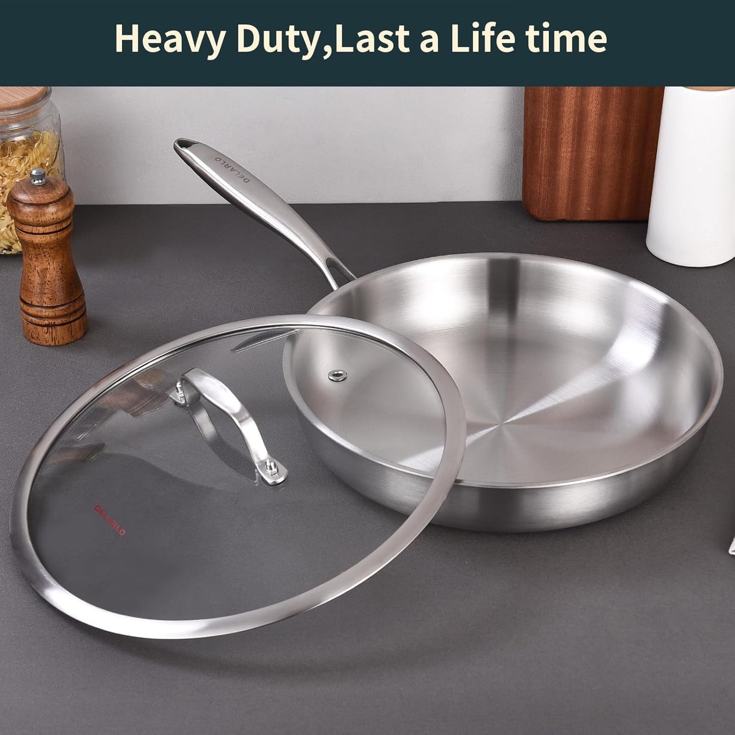 DELARLO Tri-ply Stainless Steel Frying Pan Set 8" 10" 12" With 3 Lid Induction large Skillets Chef's Pan,Pots and Pans Set Kitchen Cookware Set Suitable for All Stove