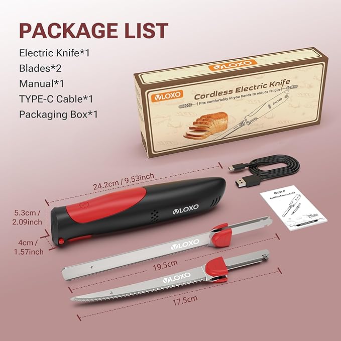 VLOXO Electric Knife for Meat Slicing, Rechargeable Electric Carving Knife with 2 Stainless Steel Blades Safety Lock Ergonomic Handle Cordless electric knives for Fish Fillet Steak Bread Turkey