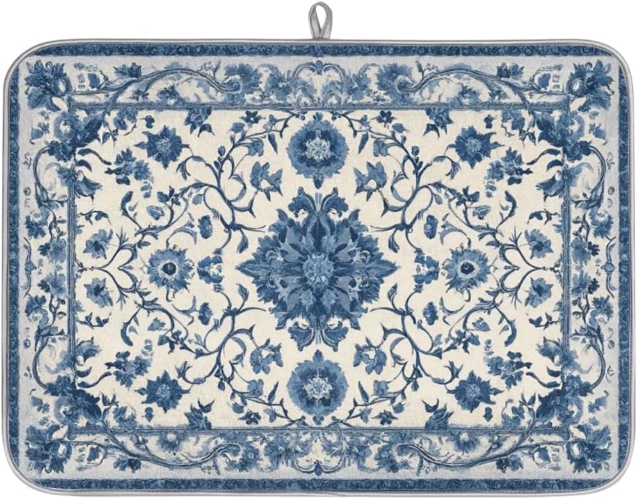 Dish Drying Mats for Kitchen - Super Absorbent Dish Dryer Mat for Countertops Microfiber Dishes Drainer Pad Hide Stain Draining Rack Mat Gadgets for Easy Clean Multi-Use 16"x18",Blue and White