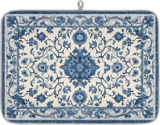 Dish Drying Mats for Kitchen - Super Absorbent Dish Dryer Mat for Countertops Microfiber Dishes Drainer Pad Hide Stain Draining Rack Mat Gadgets for Easy Clean Multi-Use 16"x18",Blue and White