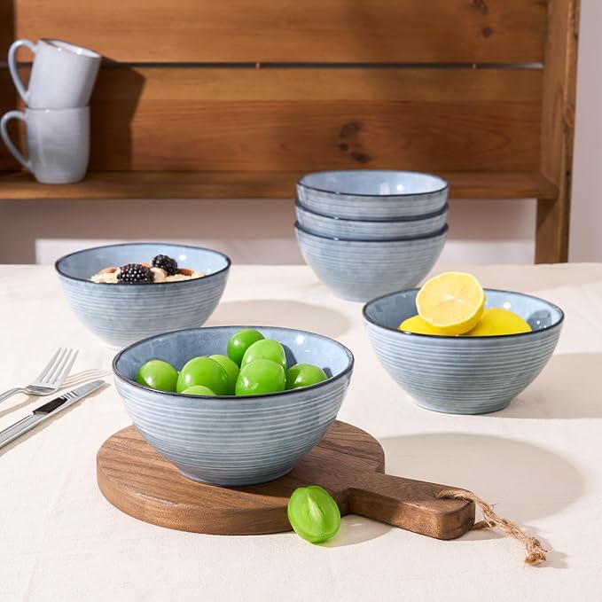 Famiware Tempus Plates and Bowls Sets for 6, 18 Pieces Stoneware Dinnerware Sets, Reactive Glaze Dishes Set, Dishwasher & Microwave Safe - Pearl Blue