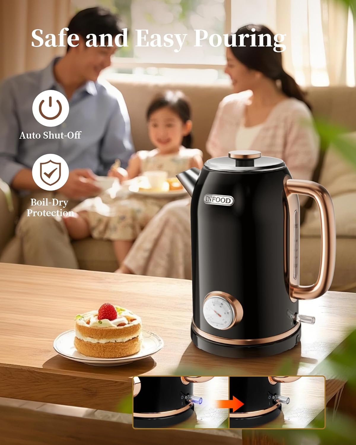 Retro Electric Kettle, 1.8L/60.8oz Hot Water Kettle Electric with Thermometer, 1200W Fast Heating Stainless Steel Tea Kettle for Boiling Water, Cordless, LED Indicator, Auto Shut-Off, Black