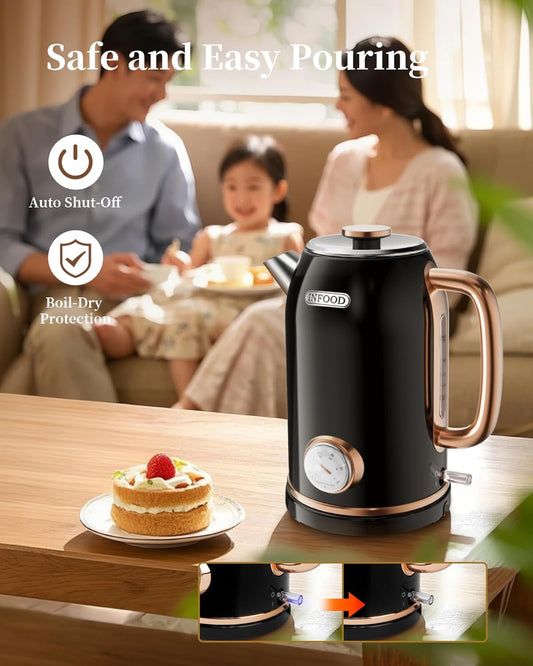 Retro Electric Kettle, 1.8L/60.8oz Hot Water Kettle Electric with Thermometer, 1200W Fast Heating Stainless Steel Tea Kettle for Boiling Water, Cordless, LED Indicator, Auto Shut-Off, Black