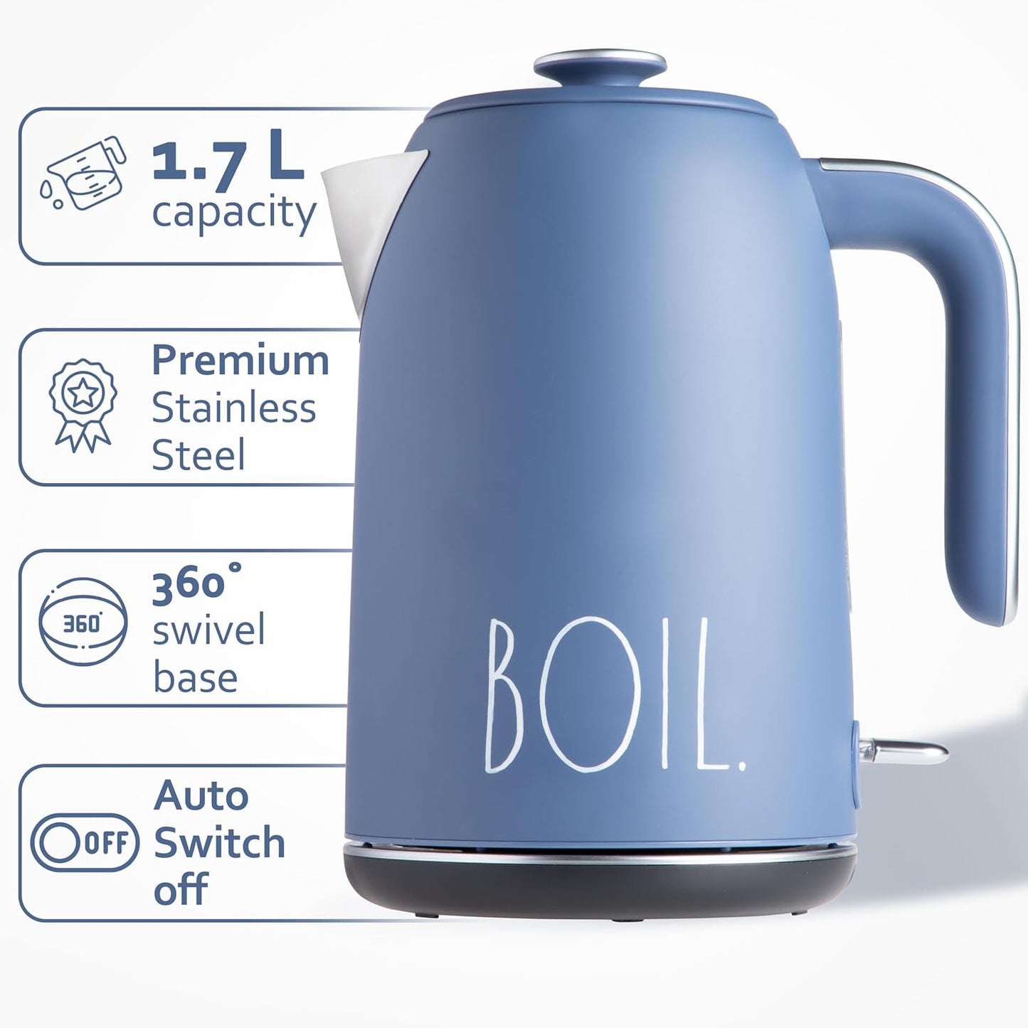 Rae Dunn Electric Hot Water Kettle - Stainless Steel Coffee Maker, Tea Kettle, Swivel Base, With Automatic Shut Off Boil-Dry Protection, Easy Pour Pitcher, 1500 Watt Boiling Power, 1.7 Liters, Navy