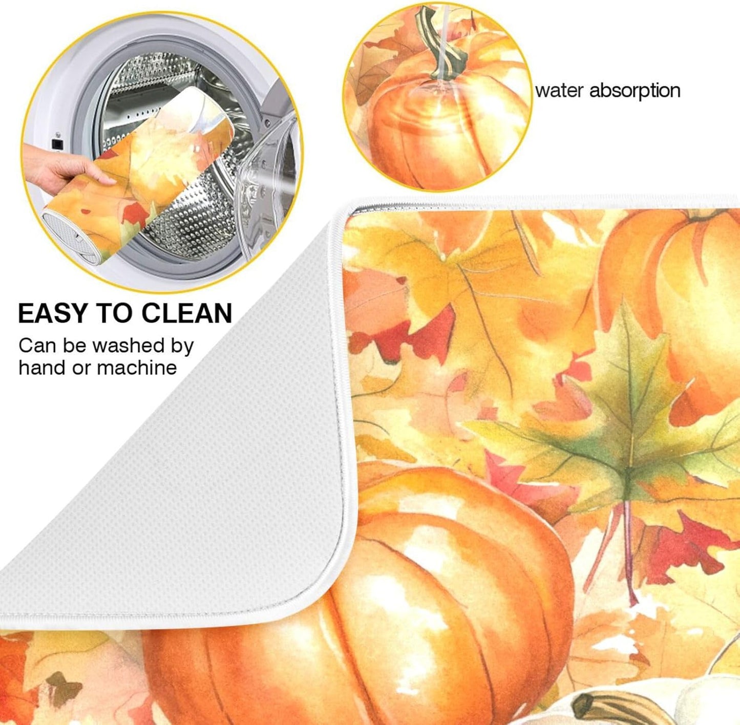 Watercolor Pumpkins Autumn Leaves Dish Drying Mat for Kitchen Counter Super Absorbent Dishes Pad Reversible Microfiber Protector Dish Draining Mats 18x24 inch