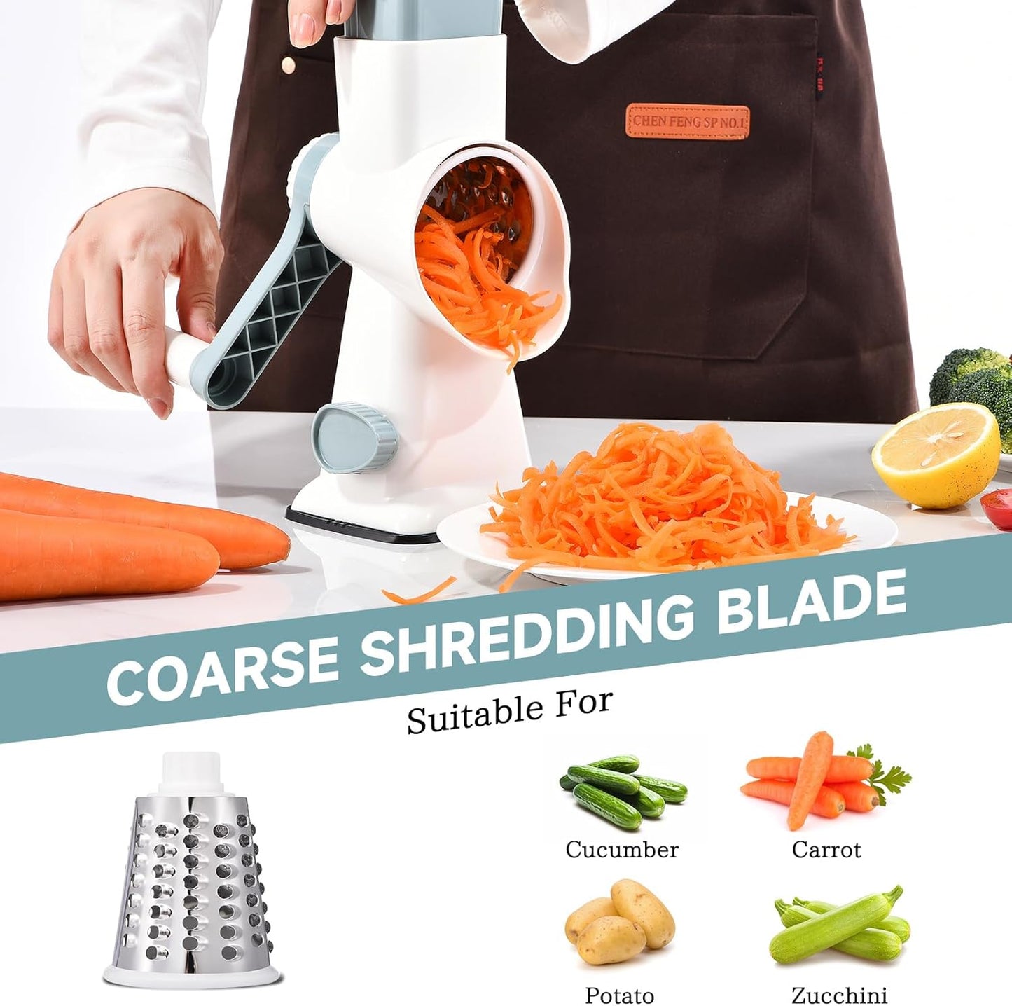 Rotary Cheese Grater with Handle Kitchen Shredder Slicer Grater Slicer Ice Shaver Cheese Vegetable Nuts Potato Zucchini Chocolate 3 Interchangeable Blades