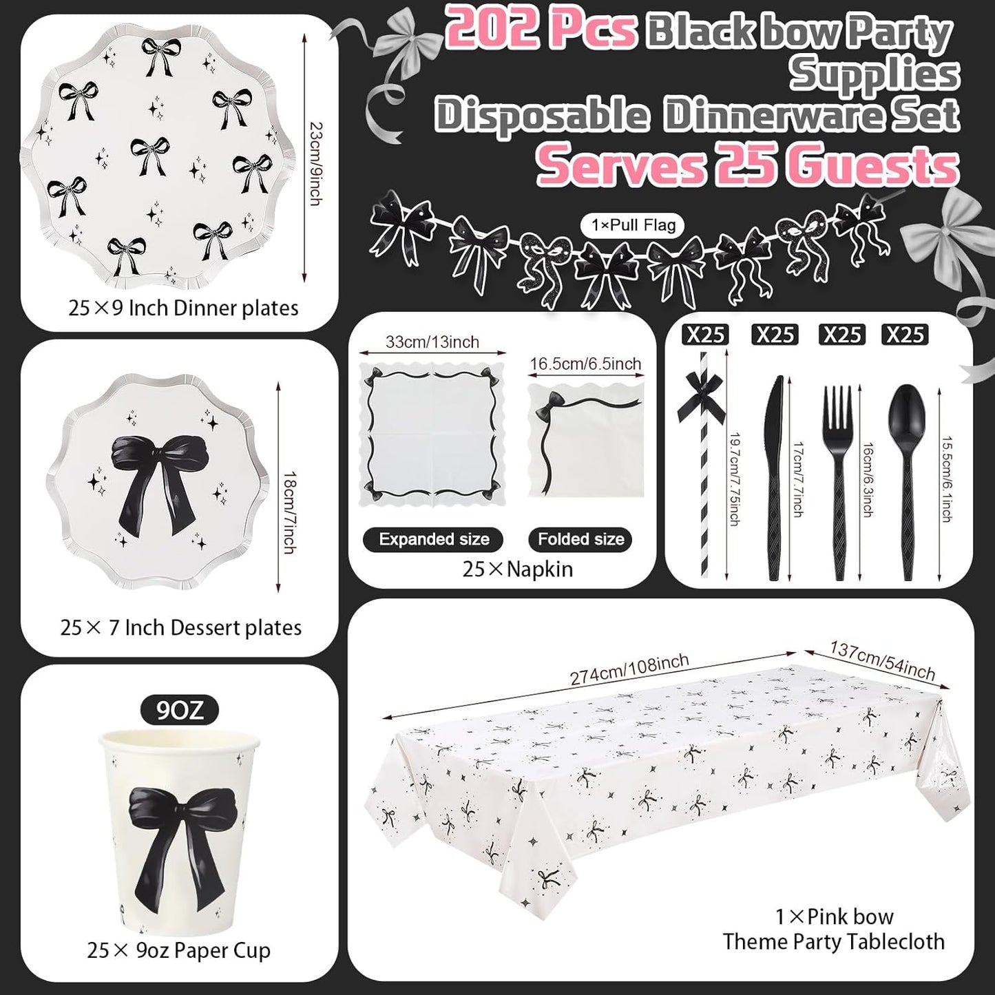 Sawysine 202 Pcs Black Bow Party Supplies Disposable Dinnerware Set 50 Plates 25 Cups 25 Napkins 25 Plastic Forks 25 Knives 25 Spoons 25 Straw Flag Tablecloth to Serve 25 Guests