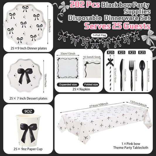 Sawysine 202 Pcs Black Bow Party Supplies Disposable Dinnerware Set 50 Plates 25 Cups 25 Napkins 25 Plastic Forks 25 Knives 25 Spoons 25 Straw Flag Tablecloth to Serve 25 Guests