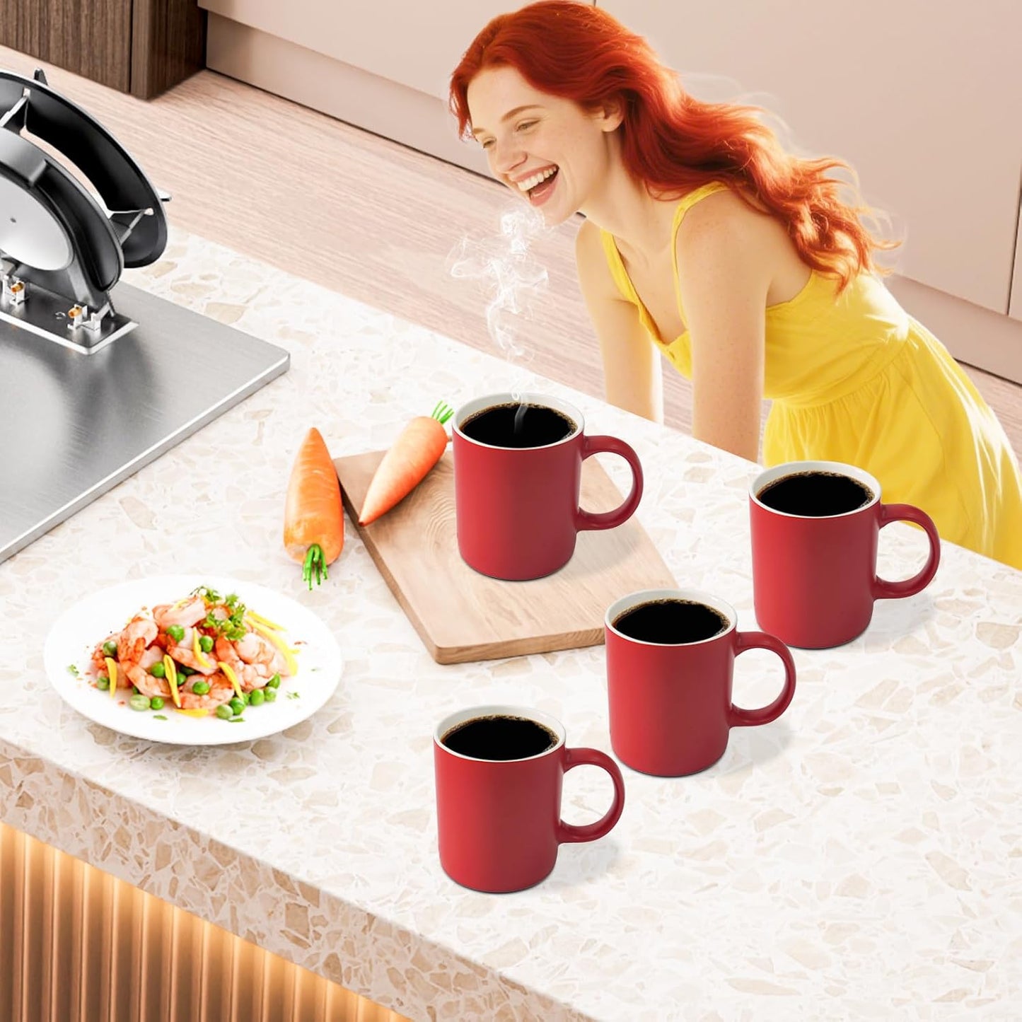 12 oz Cup (4pcs), Red Ceramic Coffee Mug for Milk Tea, Set of 4