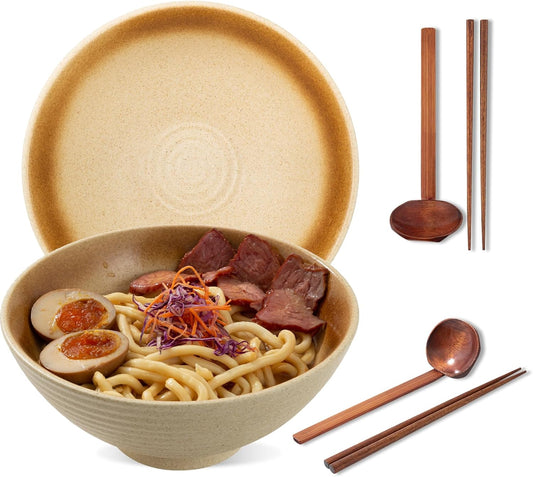 8 Inch Ceramic Ramen Bowl Set of 2, 40oz Japanese Bowls with Spoons & Chopsticks,Durable,Microwave & Dishwasher Safe,Perfect for Ramen,Pho,Salad,Soup,Noodles，Mixing bowls（Amber）