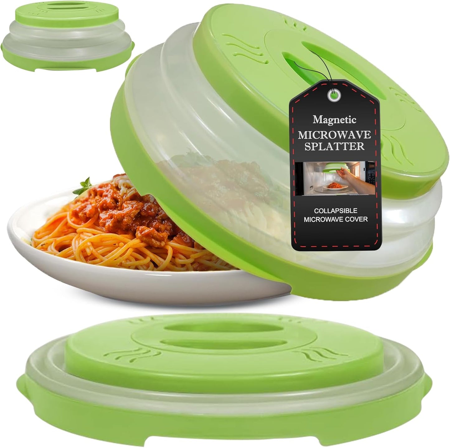 High Power Magnetic Microwave Splatter Cover with strongest magnetic grip, Collapsible 12-Inch BPA-Free Food Lid, Vented Plate Guard, Dishwasher Safe, Space-Saving Magnetic Storage - Green