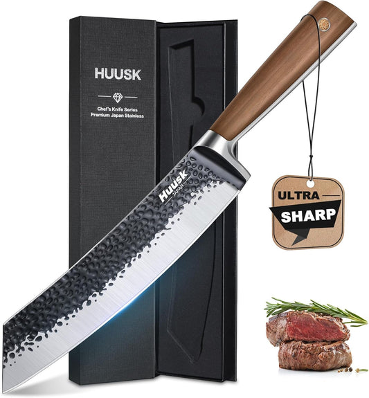 Huusk Butcher Knife 8.5 Inch Meat Cleaver Knife Japanese Vegetable Cleaver High Carbon Steel Meat Cutting Knife Hand Forged Knives for Home Kitchen BBQ with Present Box