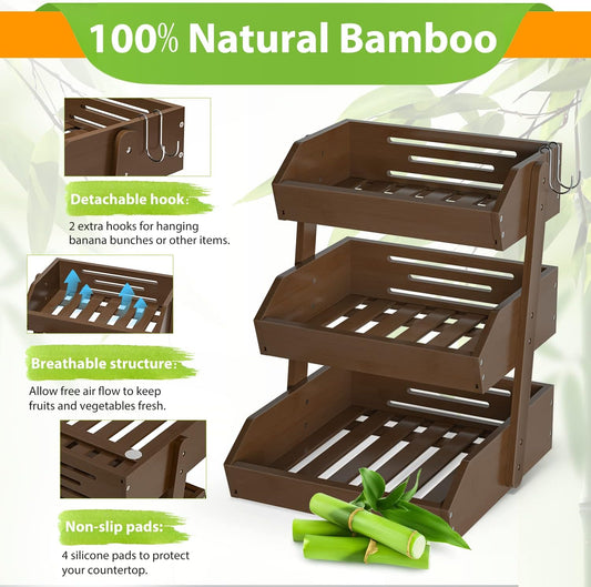 Bamboo Fruit Basket for Kitchen–3 Tier Fruit Bowl For Kitchen Counter, Large Fruit Holder With 2 Banana Hangers, Idea For Fruit and Vegetable Storage, Bread Basket, Snack Organizer(WALNUT)