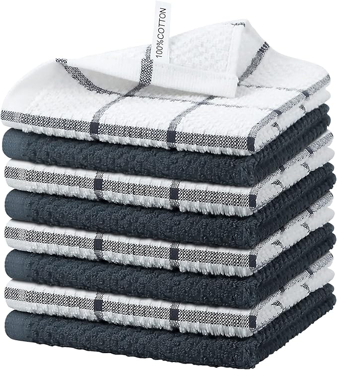 Nialnant 8 Pack Kitchen Towels,100% Cotton Dish Cloths for Washing Dishes,Soft Absorbent Dish Towels for Kitchen,Quick Drying Kitchen Rags,12x12 Inches,Grey